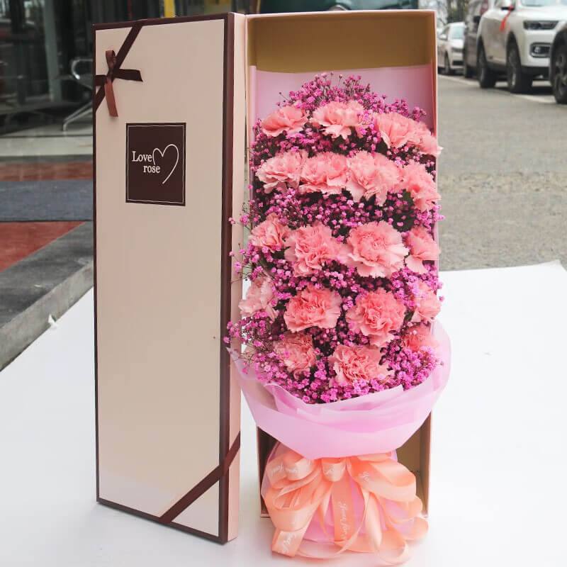 19朵粉色康乃馨搭配粉色满天星礼盒